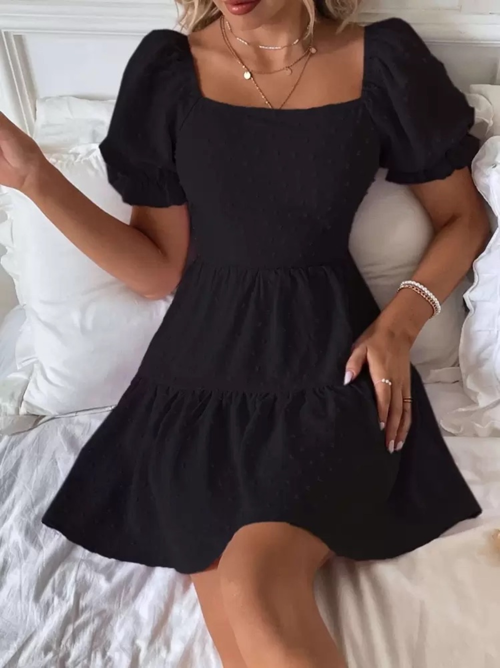 SHEIN Black Swiss Dot Puff Sleeve Mini Dress | Open Back Tie | Size L